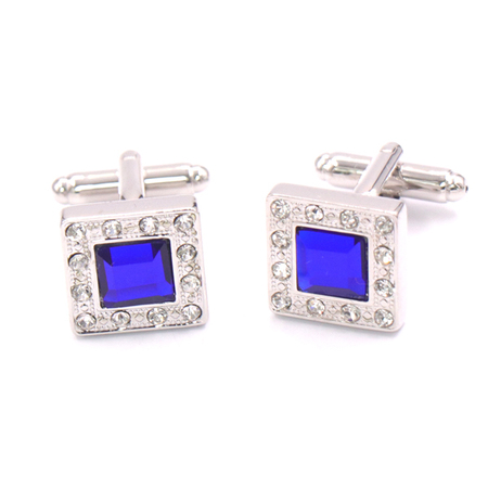 Shiny Silver Plated Square Cufflink with Gemstones