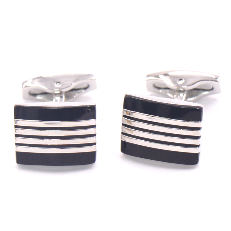 Shiny Silver Plated Classic Black Stripes Cufflink